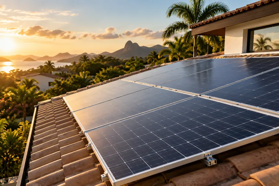 Painéis solares sobre um telhado ao entardecer — imagem ilustrativa